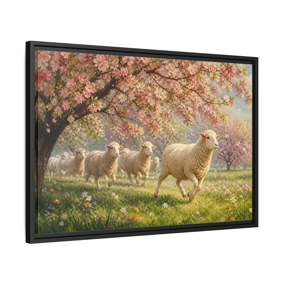 Side Mockup 14. Nature Sheep Pink Floral Sheep shown as stretched canvas wall art