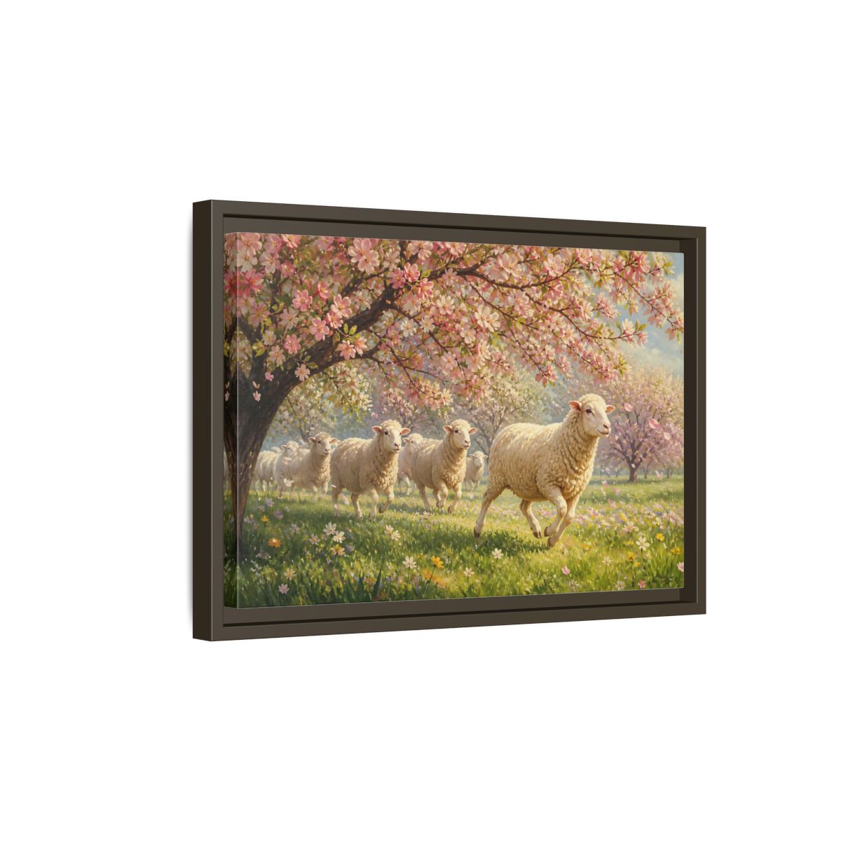 Side Mockup 5. Nature Sheep Pink Floral Sheep shown as stretched canvas wall art
