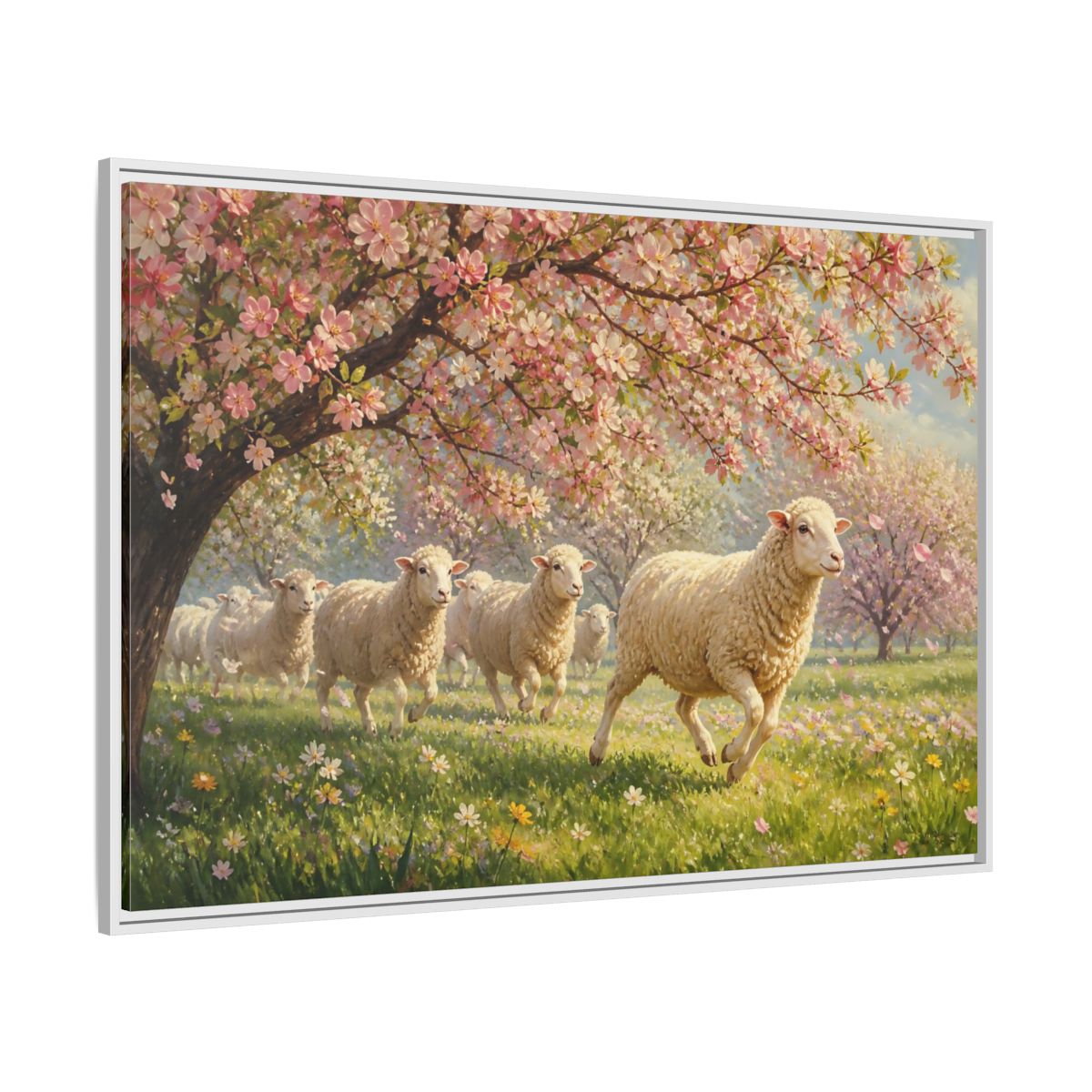 Side Mockup 7. Nature Sheep Pink Floral Sheep shown as stretched canvas wall art