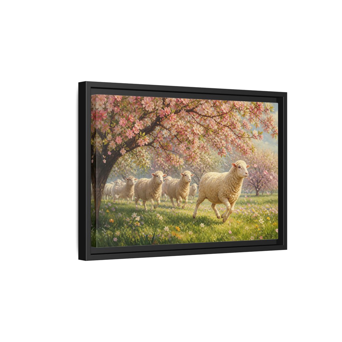 Side Mockup 6. Nature Sheep Pink Floral Sheep shown as stretched canvas wall art