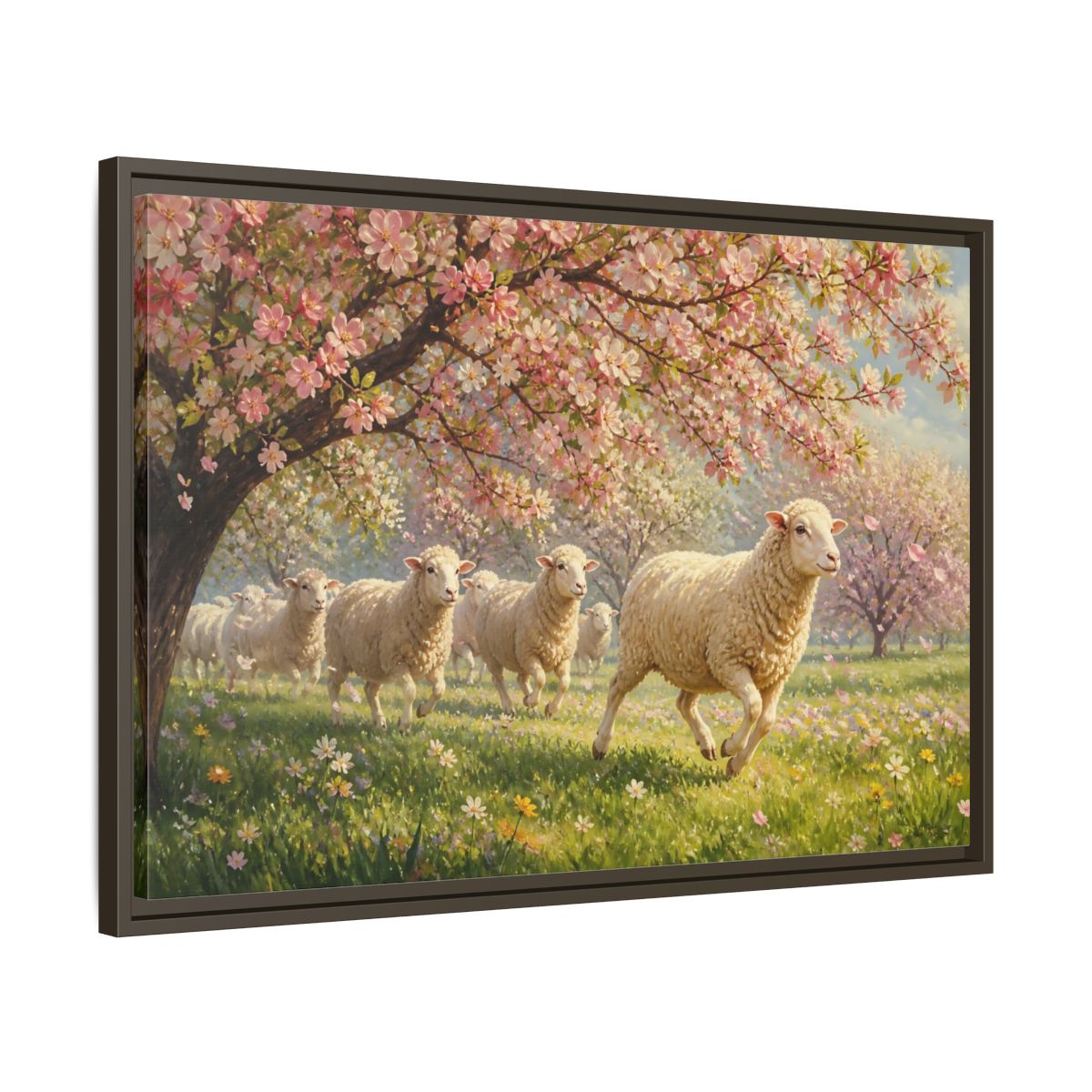 Side Mockup 11. Nature Sheep Pink Floral Sheep shown as stretched canvas wall art