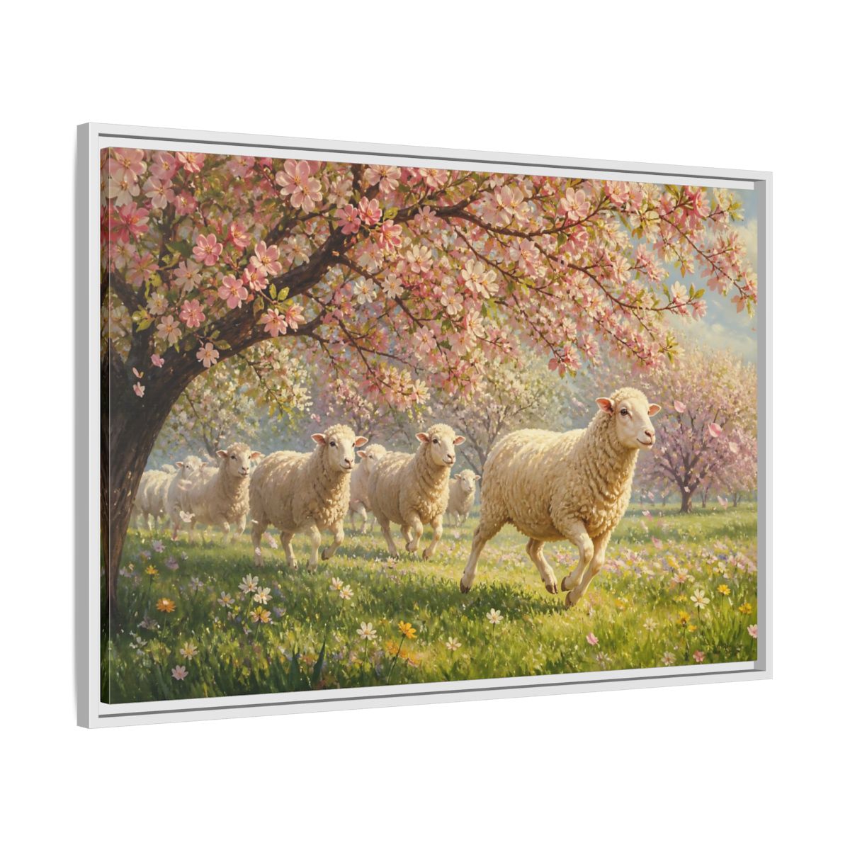Side Mockup 9. Nature Sheep Pink Floral Sheep shown as stretched canvas wall art