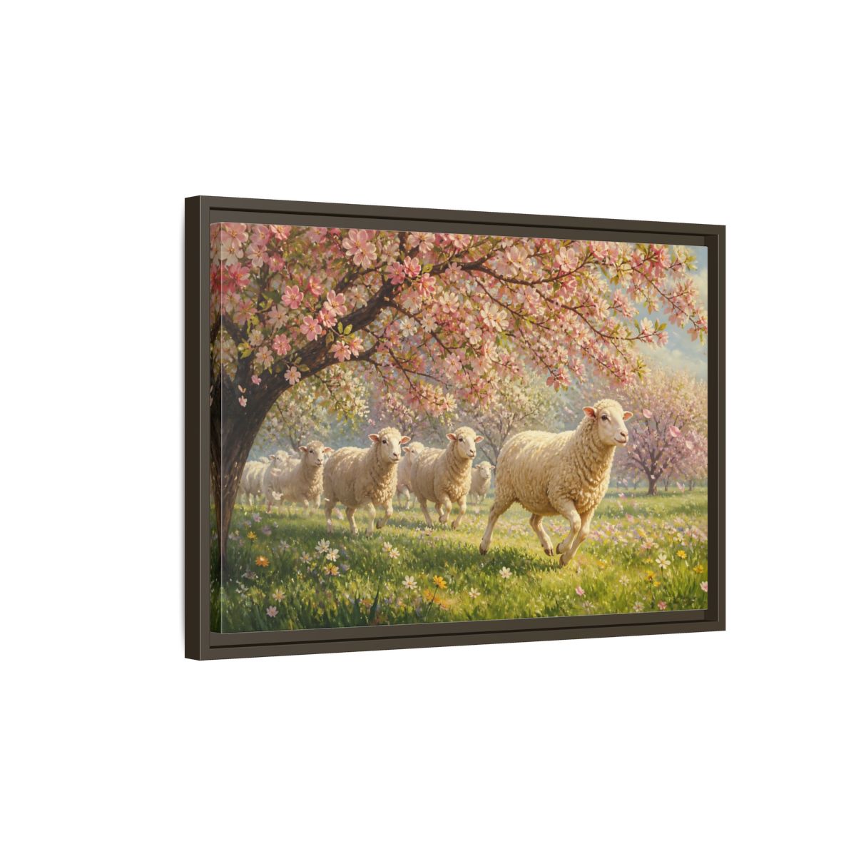 Side Mockup 2. Nature Sheep Pink Floral Sheep shown as stretched canvas wall art