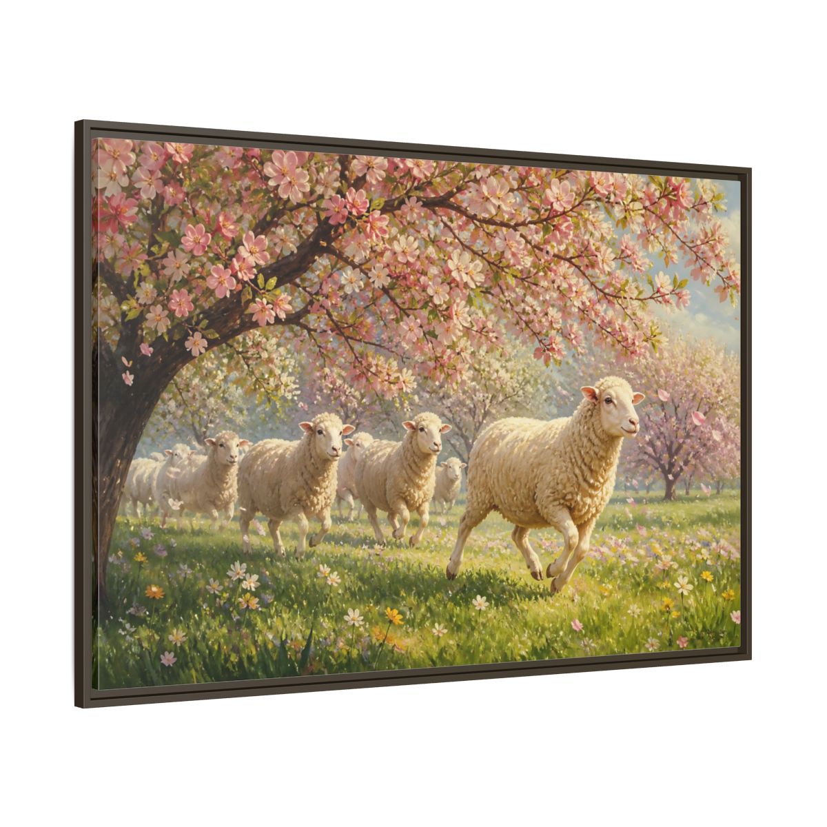 Side Mockup 8. Nature Sheep Pink Floral Sheep shown as stretched canvas wall art