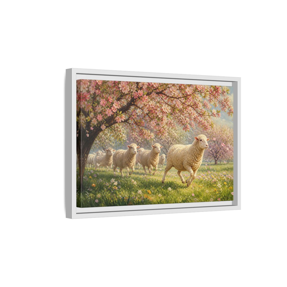 Side Mockup 4. Nature Sheep Pink Floral Sheep shown as stretched canvas wall art