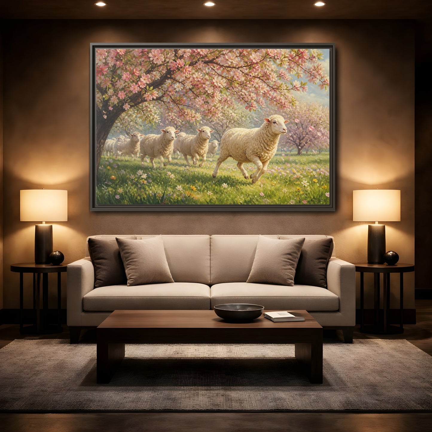 Mockup 2. Nature Sheep Pink Floral Sheep shown as stretched canvas wall art