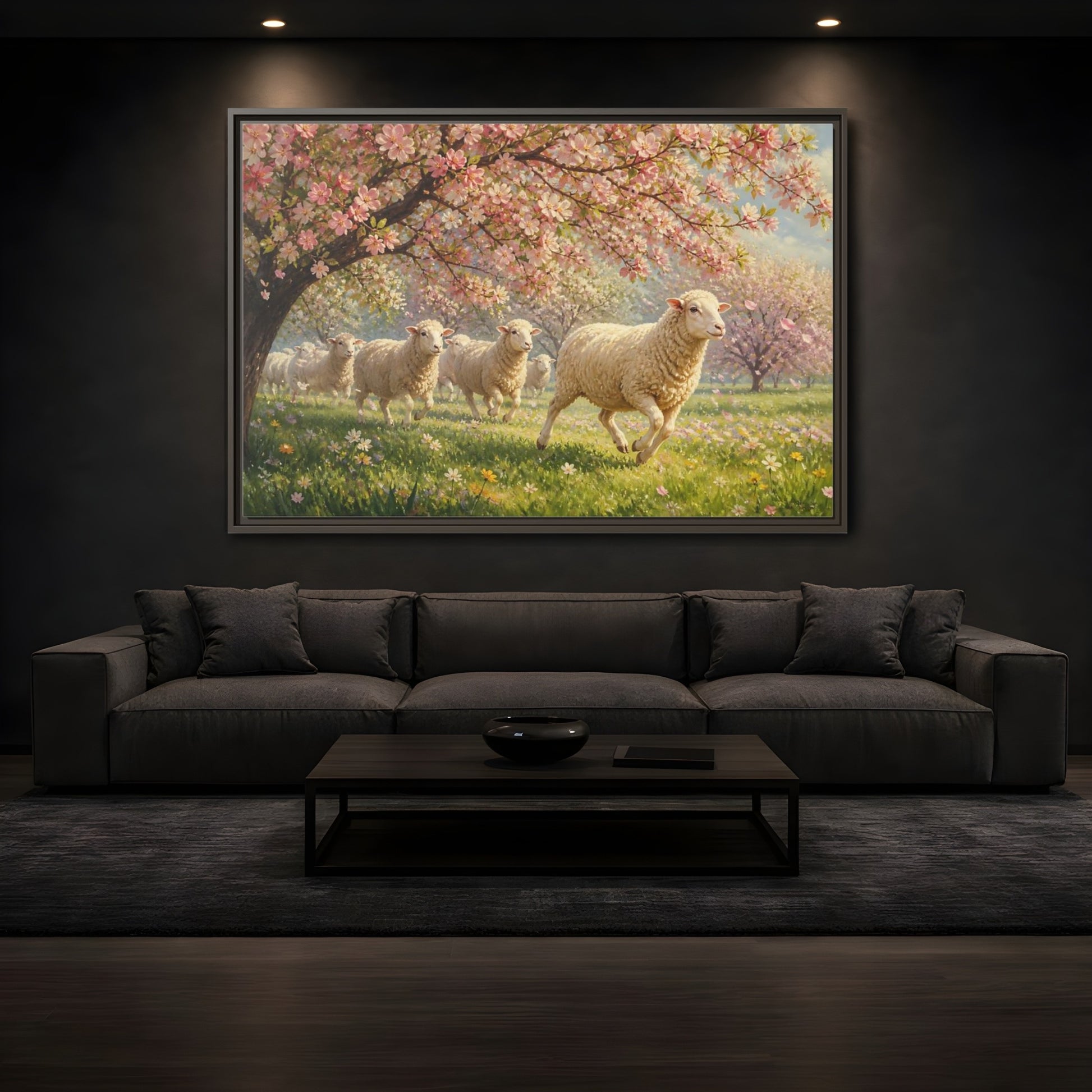 Mockup 3. Nature Sheep Pink Floral Sheep shown as stretched canvas wall art