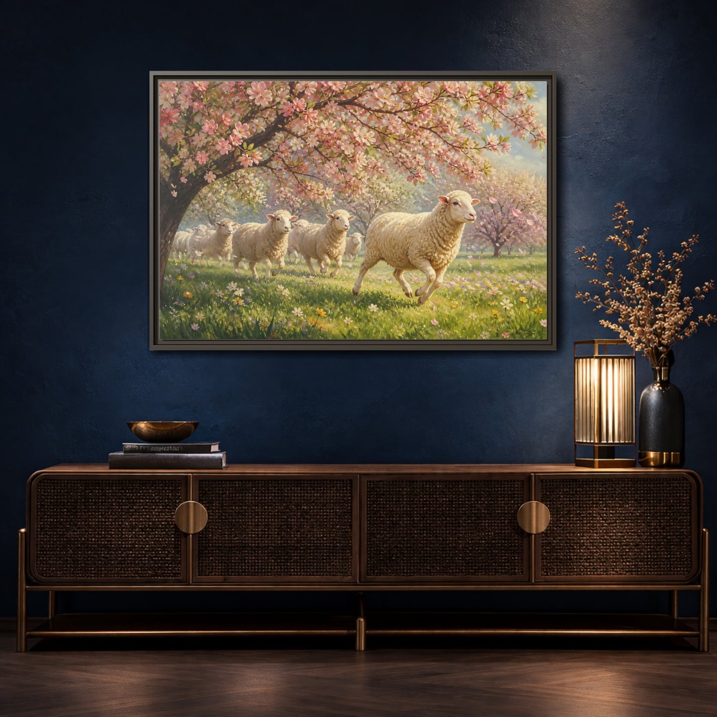 Mockup 4. Nature Sheep Pink Floral Sheep shown as stretched canvas wall art