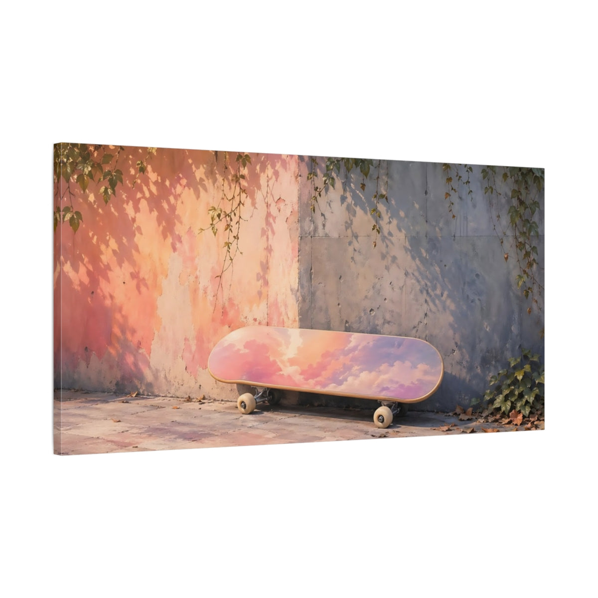 Main Mockup. Nature Skateboard Pink Purple Sky shown as stretched canvas wall art