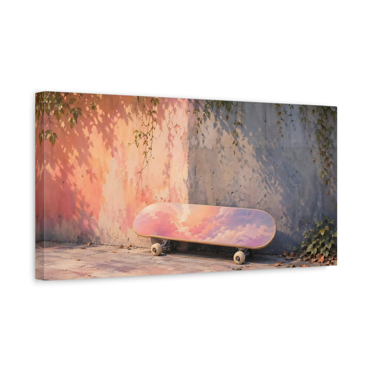 Side Mockup 3. Nature Skateboard Pink Purple Sky shown as stretched canvas wall art