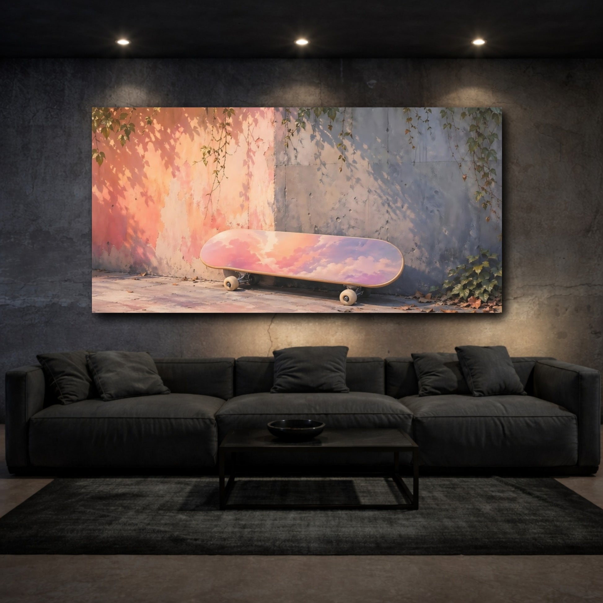 Mockup 2. Nature Skateboard Pink Purple Sky shown as stretched canvas wall art