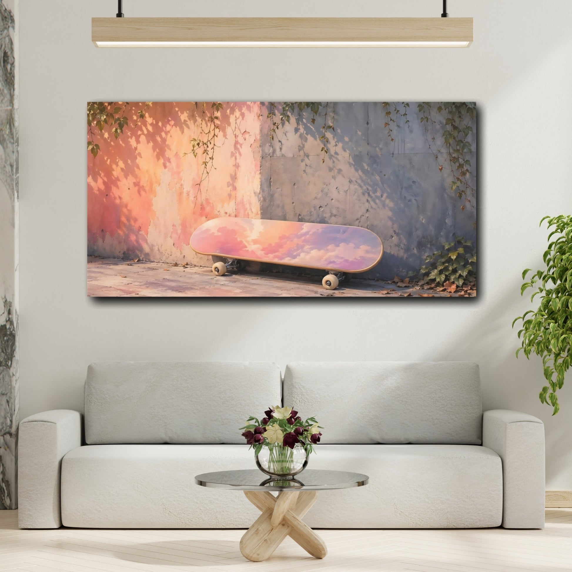 Mockup 3. Nature Skateboard Pink Purple Sky shown as stretched canvas wall art