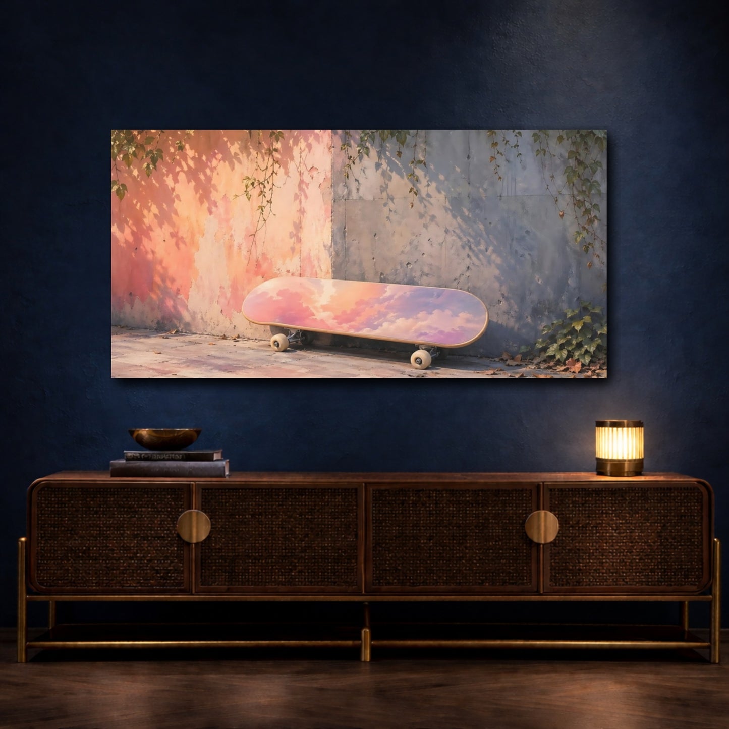 Mockup 4. Nature Skateboard Pink Purple Sky shown as stretched canvas wall art
