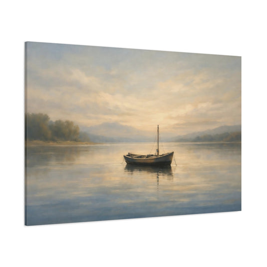 Main Mockup. Nature Small Boat Calm Lake Boat shown as stretched canvas wall art