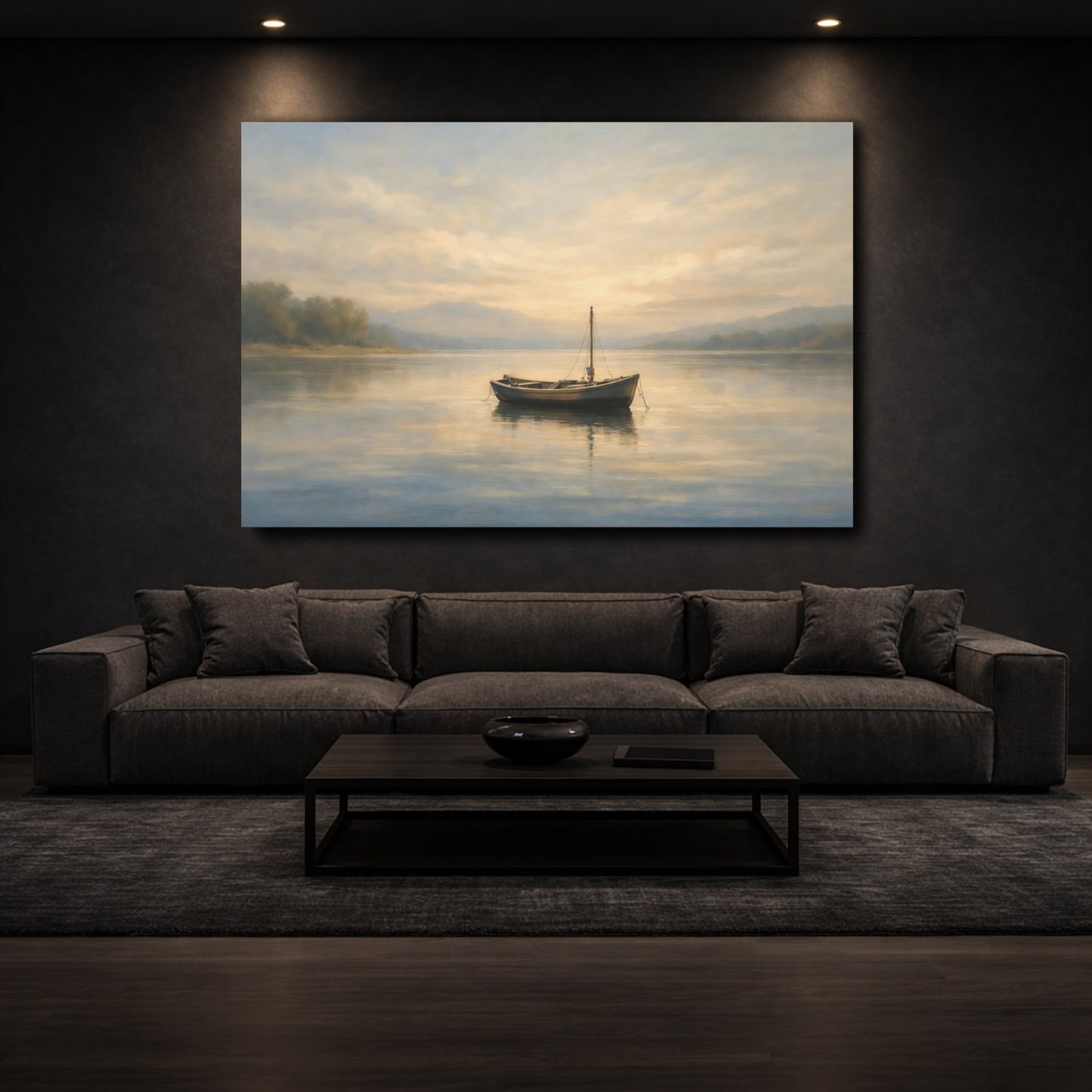Mockup 2. Nature Small Boat Calm Lake Boat shown as stretched canvas wall art
