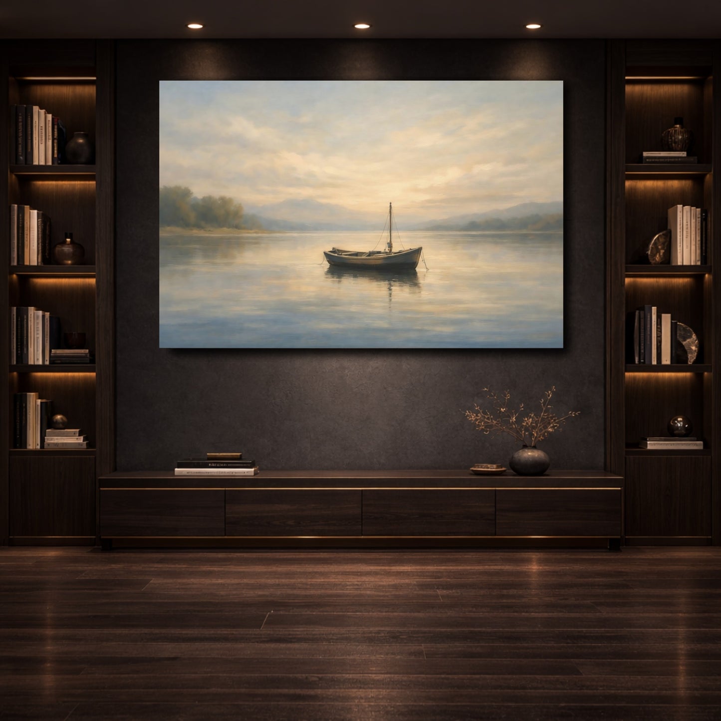 Mockup 3. Nature Small Boat Calm Lake Boat shown as stretched canvas wall art