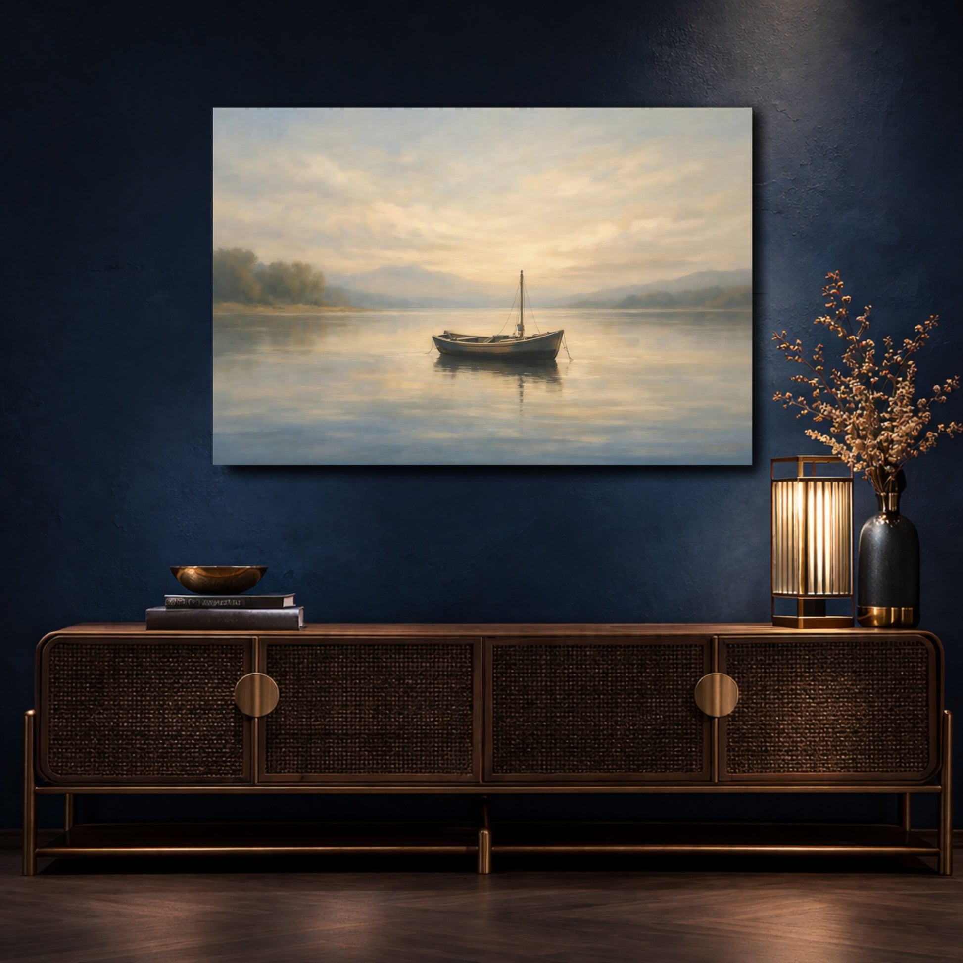 Mockup 4. Nature Small Boat Calm Lake Boat shown as stretched canvas wall art