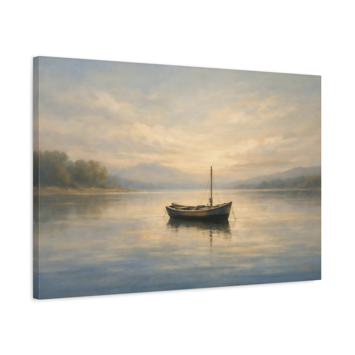 Side Mockup 2. Nature Small Boat Calm Lake Boat shown as stretched canvas wall art