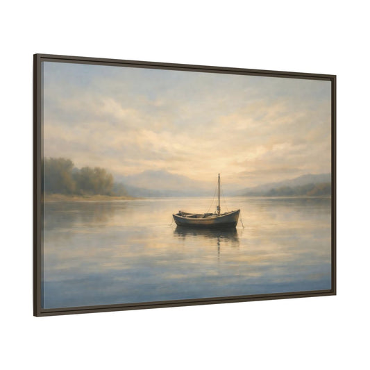 Main Mockup. Nature Small Boat Muted Landscape shown as stretched canvas wall art