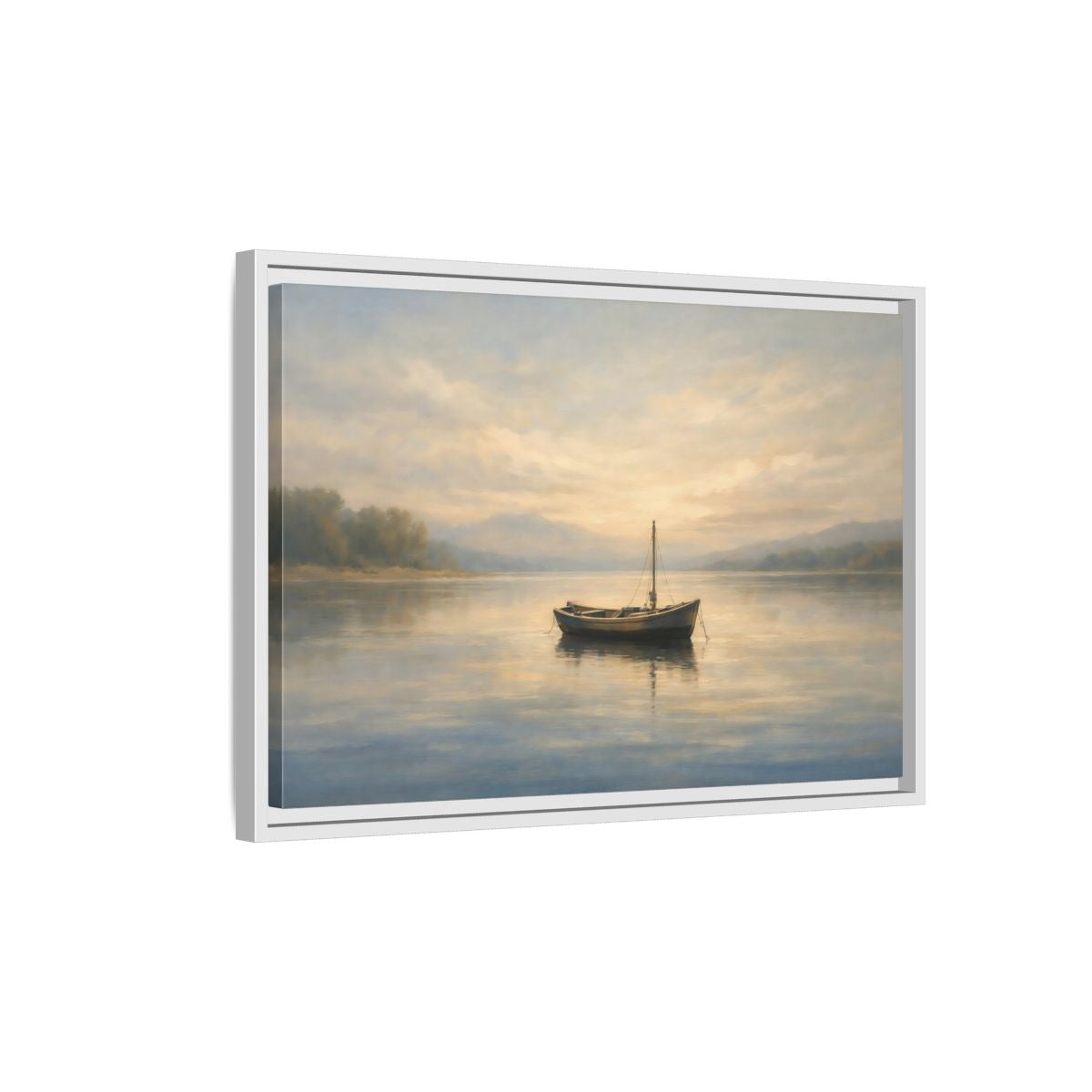 Side Mockup 1. Nature Small Boat Muted Landscape shown as stretched canvas wall art