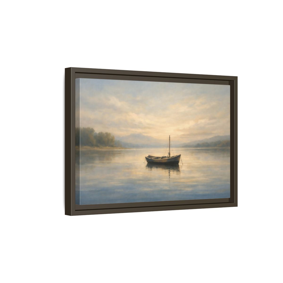 Side Mockup 5. Nature Small Boat Muted Landscape shown as stretched canvas wall art