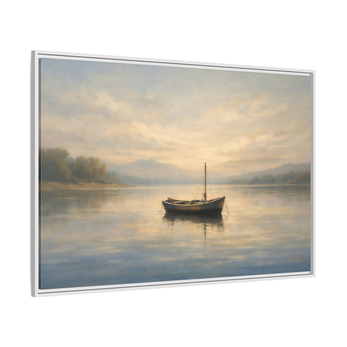 Side Mockup 7. Nature Small Boat Muted Landscape shown as stretched canvas wall art