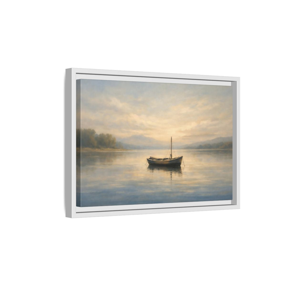 Side Mockup 4. Nature Small Boat Muted Landscape shown as stretched canvas wall art