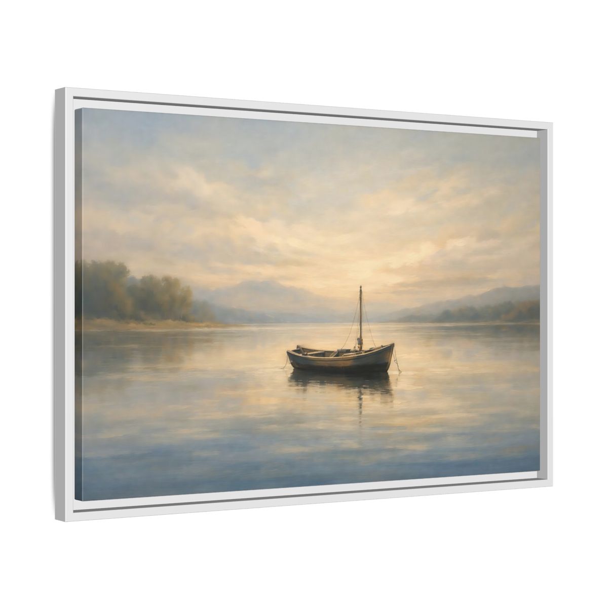 Side Mockup 10. Nature Small Boat Muted Landscape shown as stretched canvas wall art