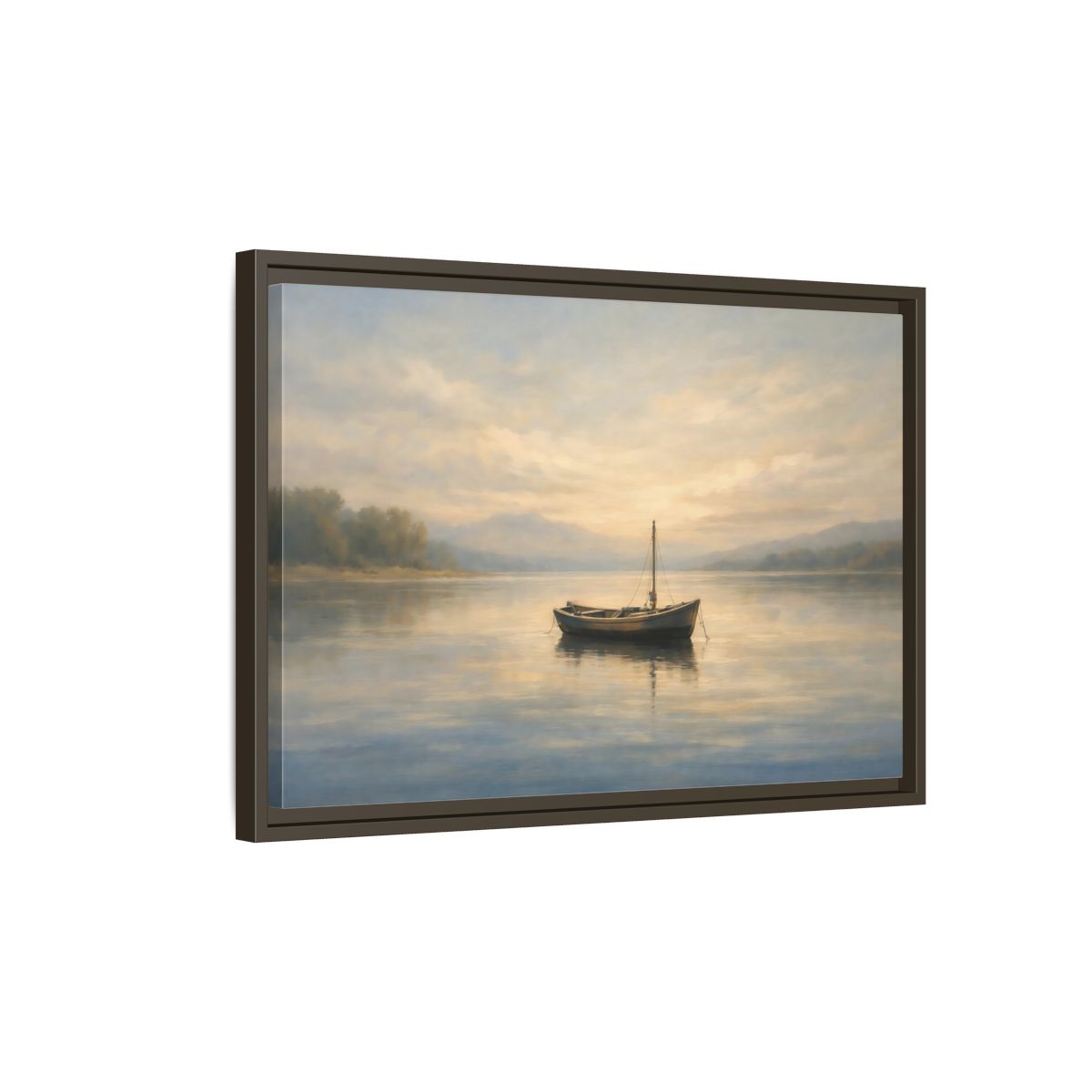 Side Mockup 2. Nature Small Boat Muted Landscape shown as stretched canvas wall art