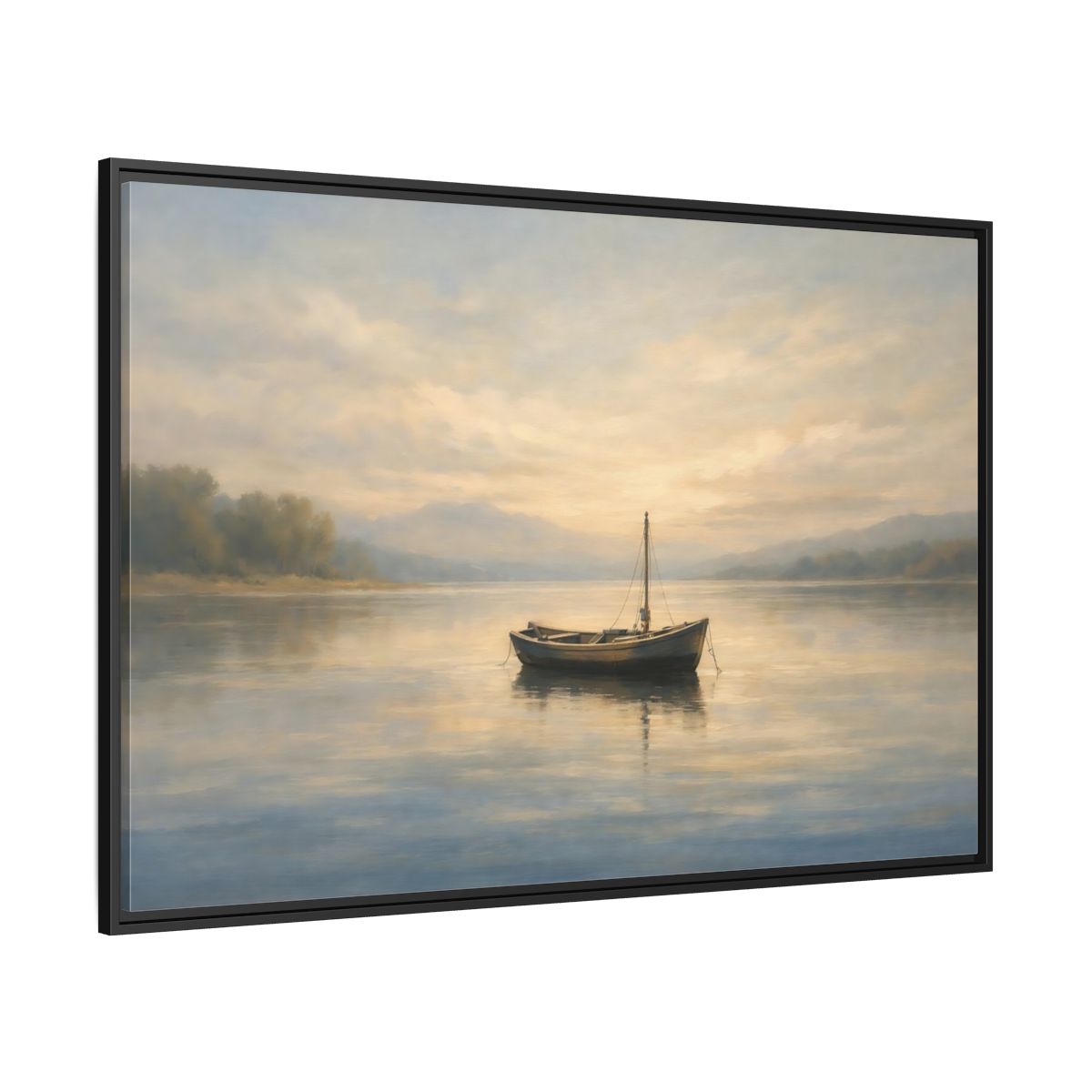 Side Mockup 12. Nature Small Boat Muted Landscape shown as stretched canvas wall art