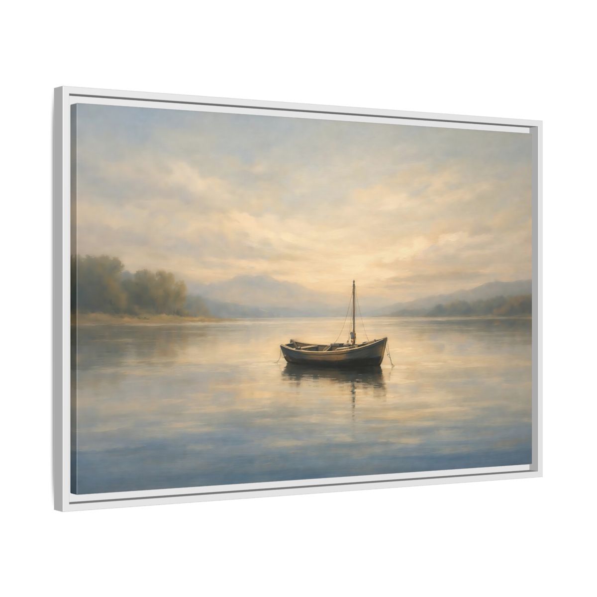 Side Mockup 8. Nature Small Boat Muted Landscape shown as stretched canvas wall art