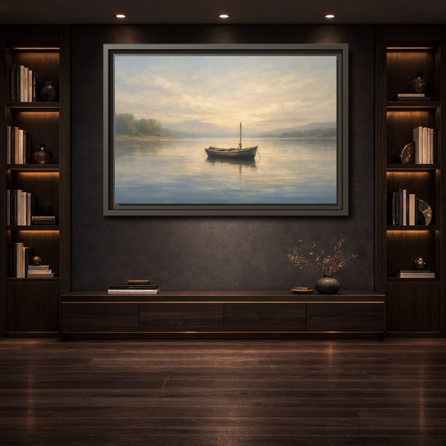 Mockup 3. Nature Small Boat Muted Landscape shown as stretched canvas wall art