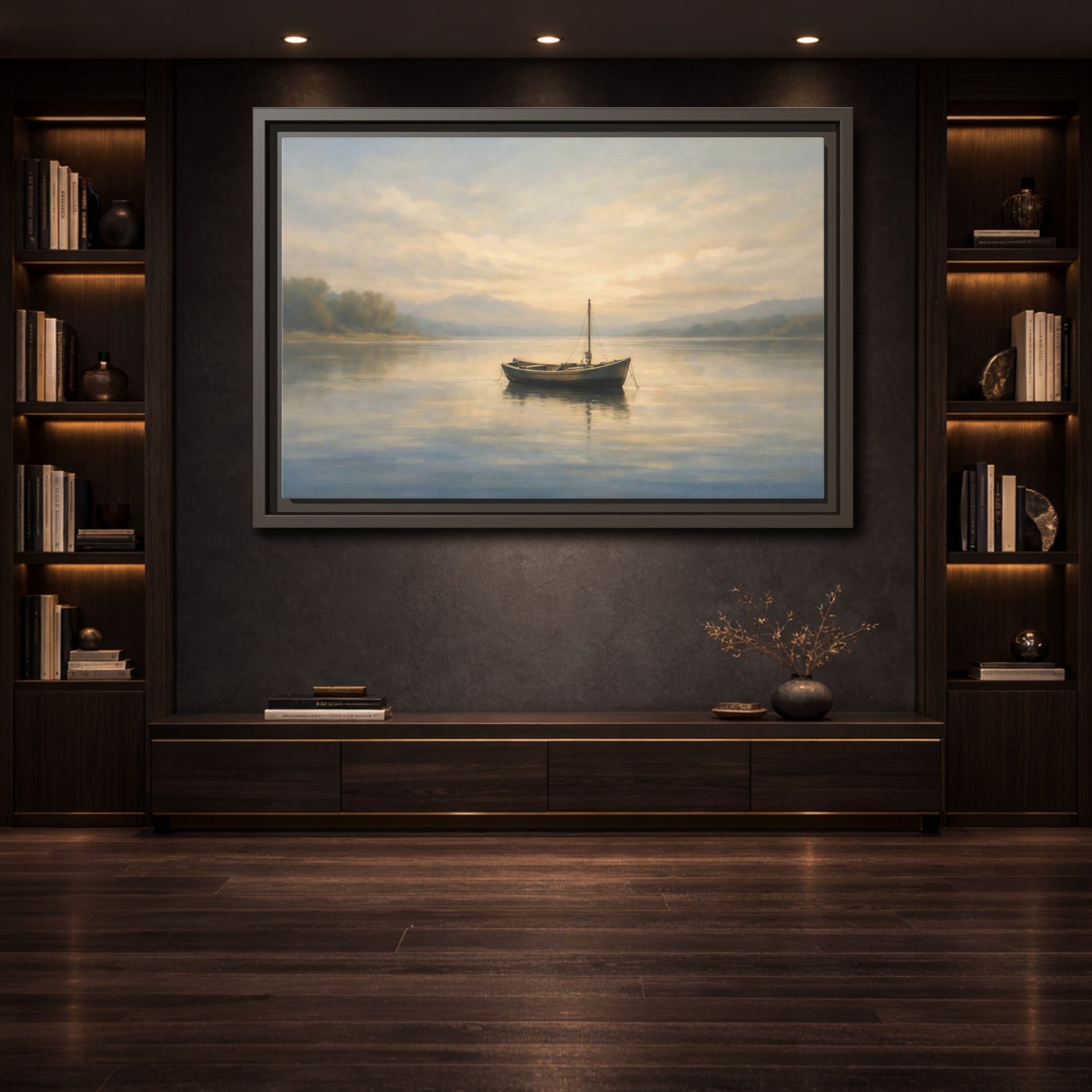 Mockup 3. Nature Small Boat Muted Landscape shown as stretched canvas wall art