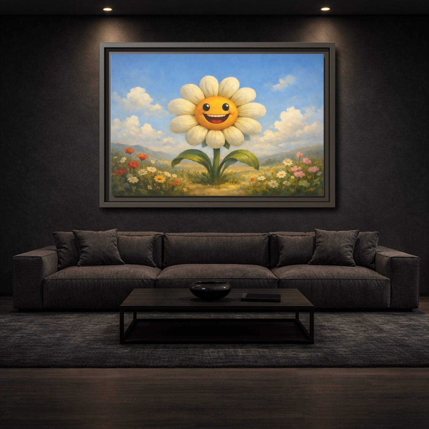 Mockup 2. Nature Smiling Daisy Yellow Daisy Field shown as stretched canvas wall art