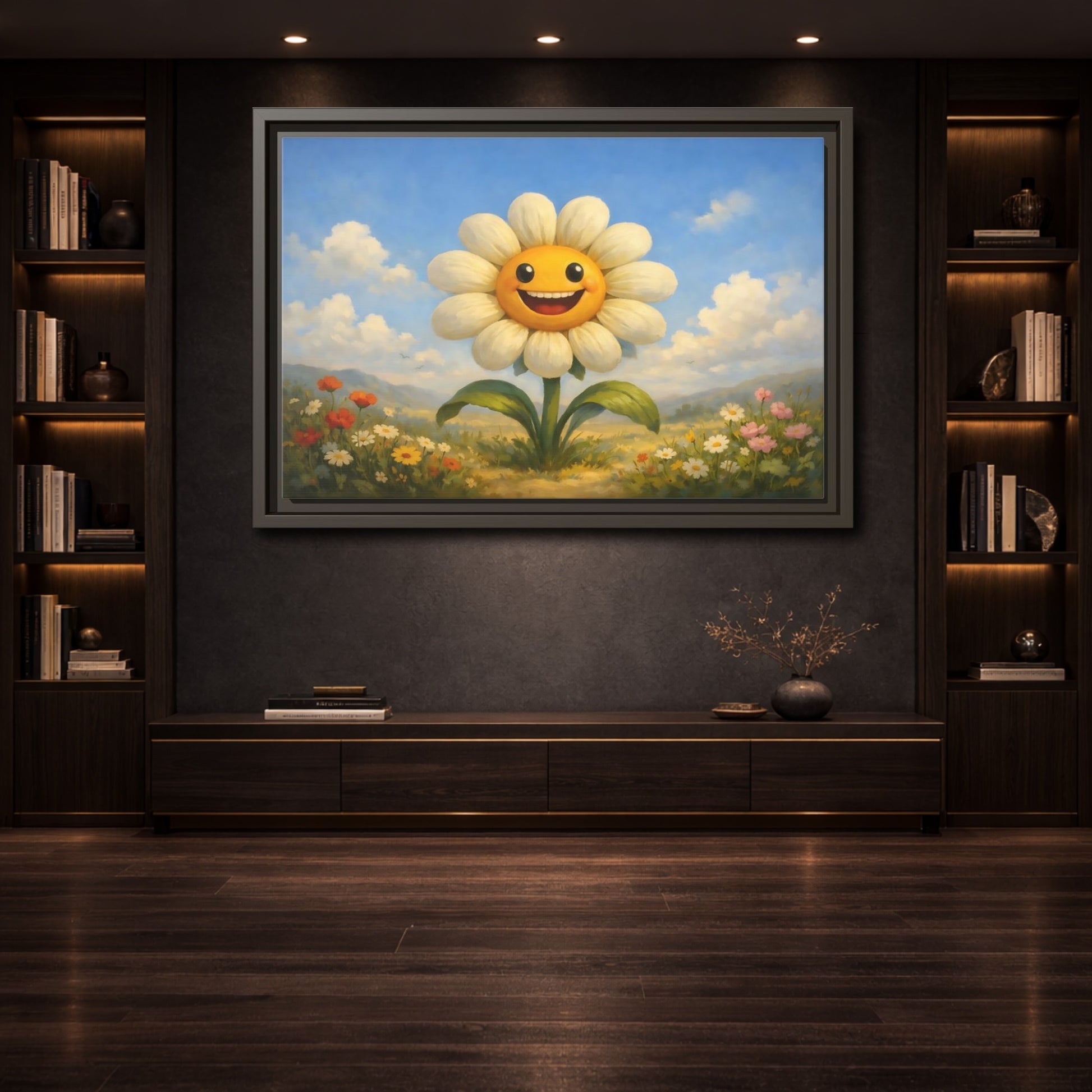 Mockup 3. Nature Smiling Daisy Yellow Daisy Field shown as stretched canvas wall art