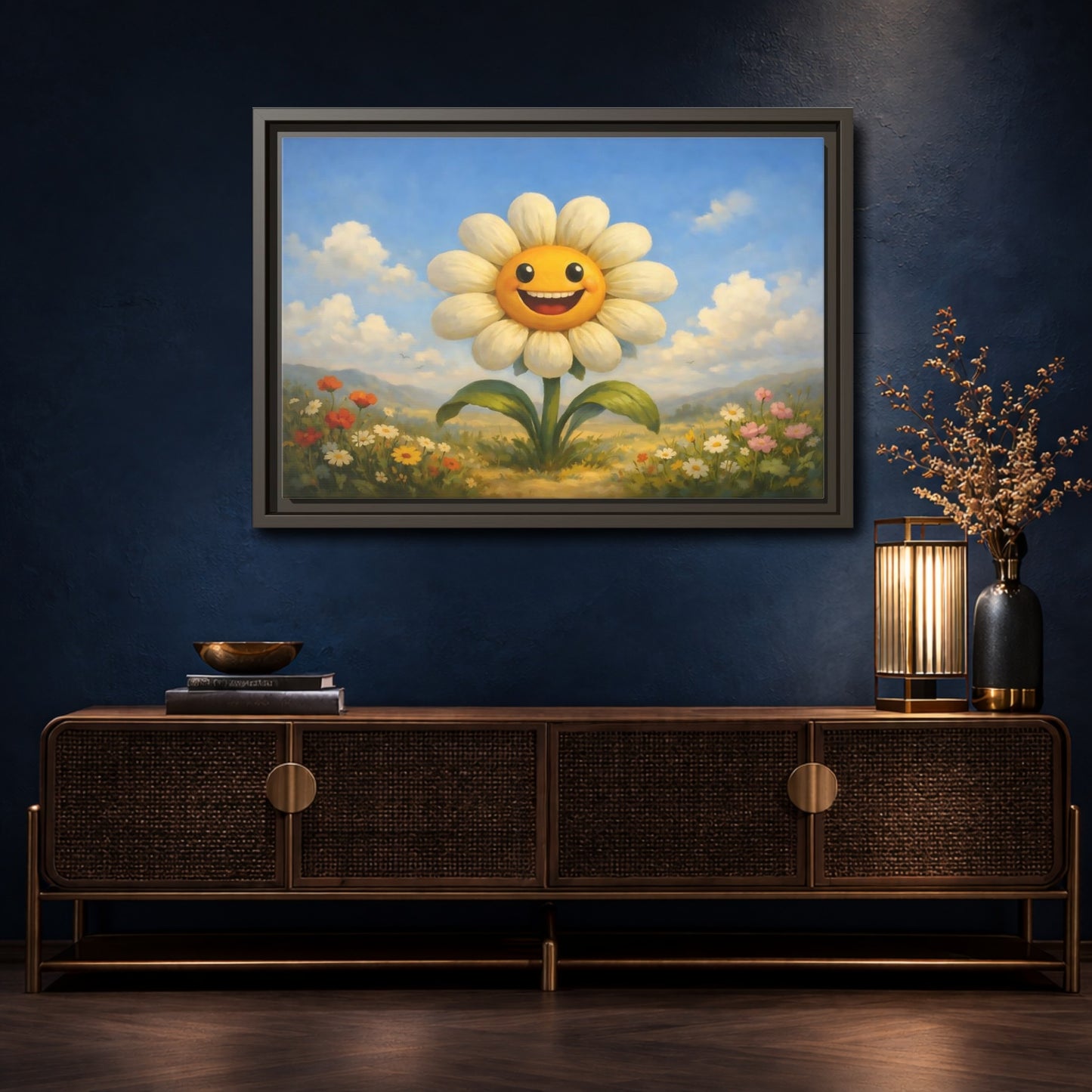 Mockup 4. Nature Smiling Daisy Yellow Daisy Field shown as stretched canvas wall art