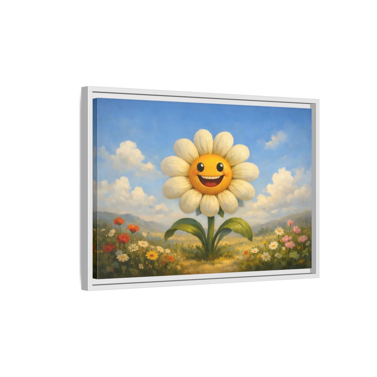 Side Mockup 1. Nature Smiling Daisy Yellow Daisy Field shown as stretched canvas wall art