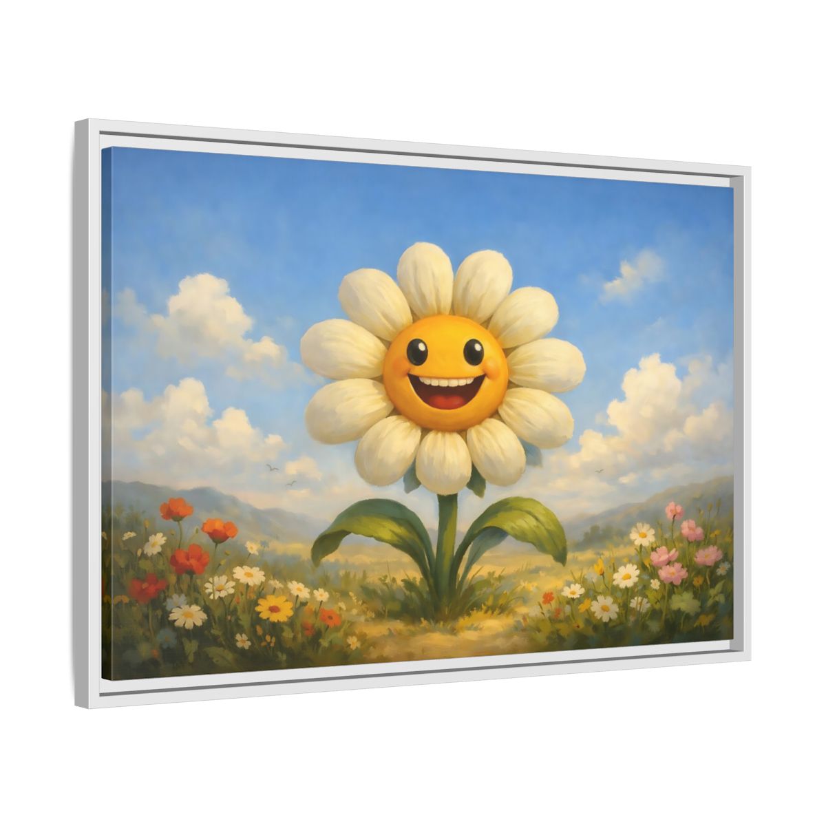 Side Mockup 10. Nature Smiling Daisy Yellow Daisy Field shown as stretched canvas wall art