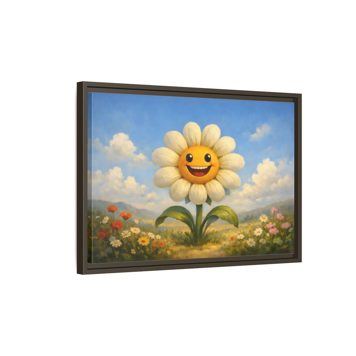 Side Mockup 2. Nature Smiling Daisy Yellow Daisy Field shown as stretched canvas wall art