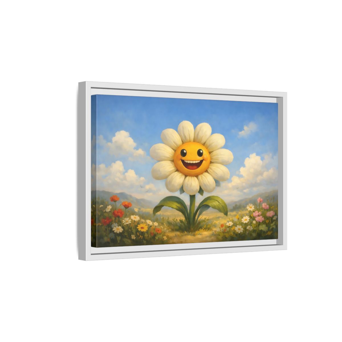 Side Mockup 4. Nature Smiling Daisy Yellow Daisy Field shown as stretched canvas wall art