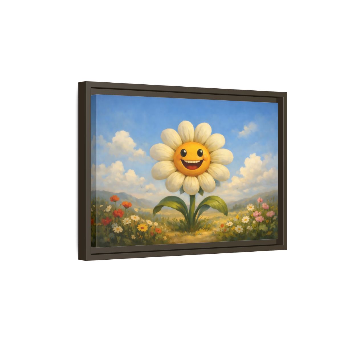 Side Mockup 5. Nature Smiling Daisy Yellow Daisy Field shown as stretched canvas wall art