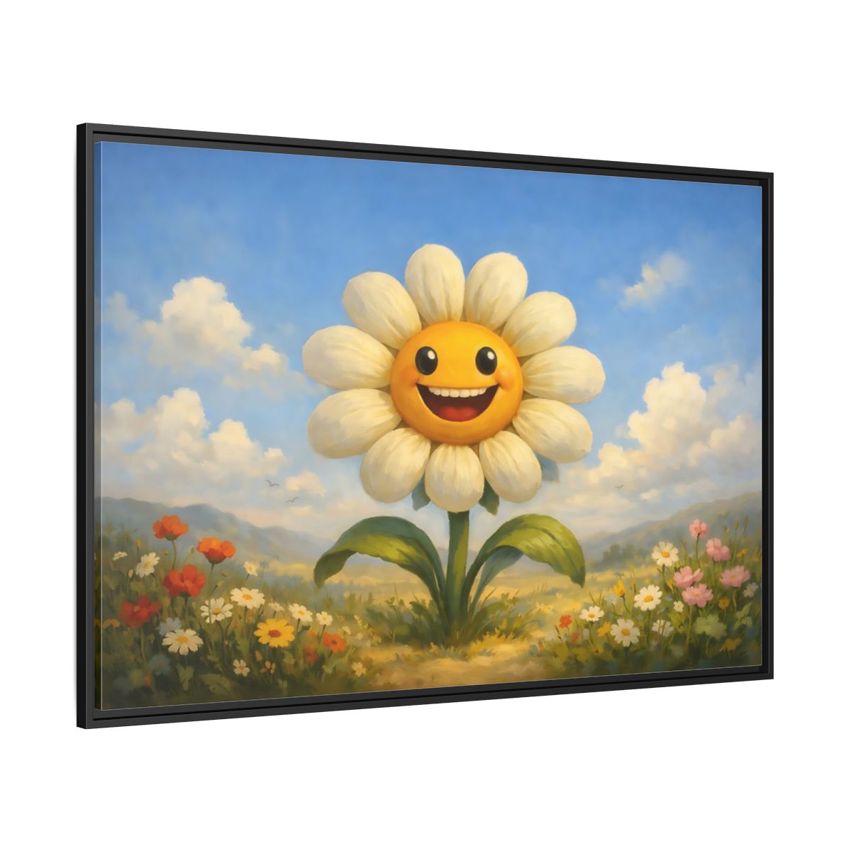 Side Mockup 12. Nature Smiling Daisy Yellow Daisy Field shown as stretched canvas wall art