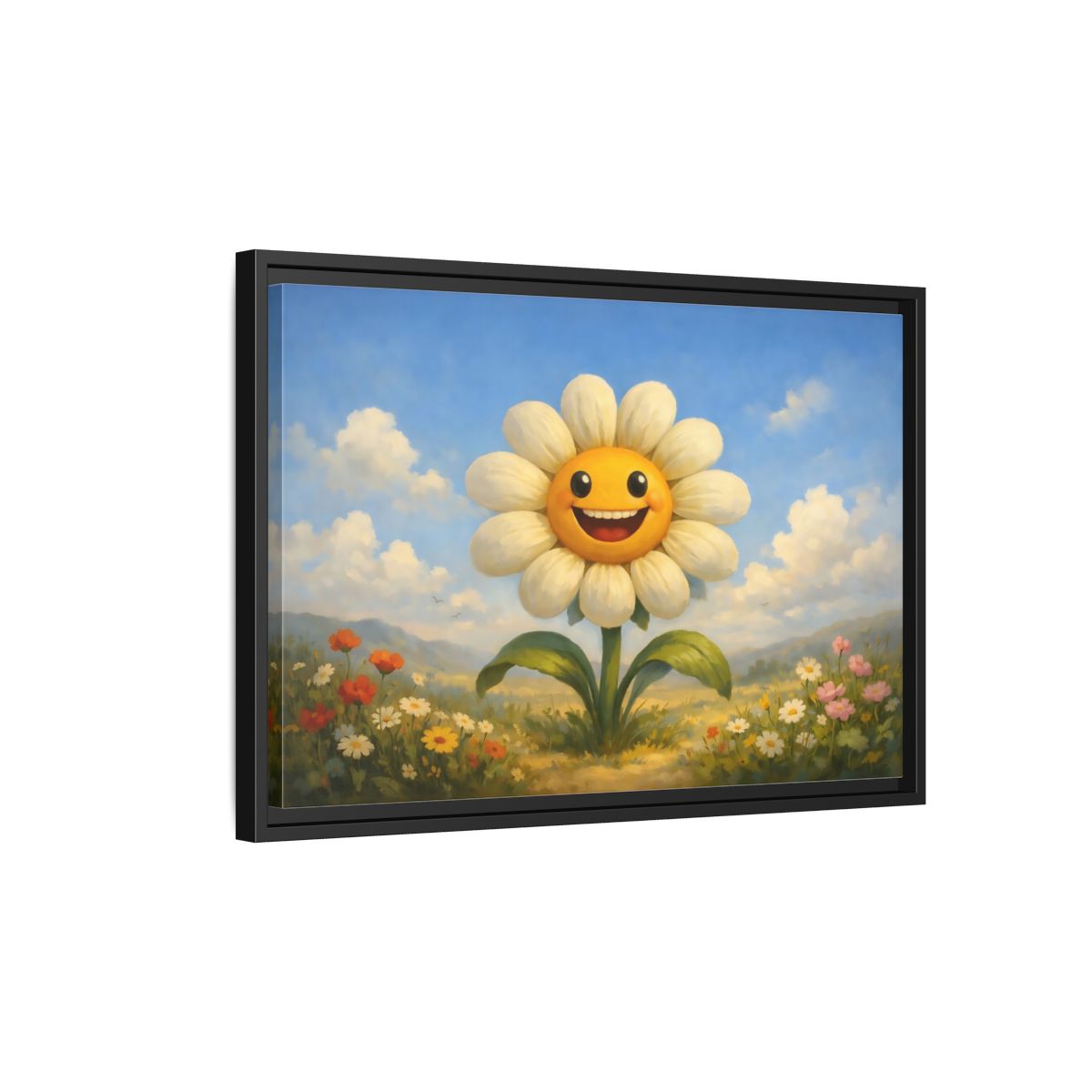Side Mockup 3. Nature Smiling Daisy Yellow Daisy Field shown as stretched canvas wall art