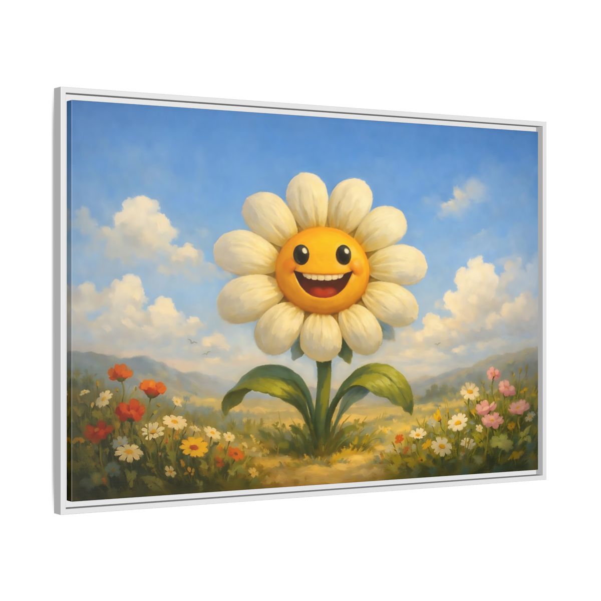 Side Mockup 7. Nature Smiling Daisy Yellow Daisy Field shown as stretched canvas wall art