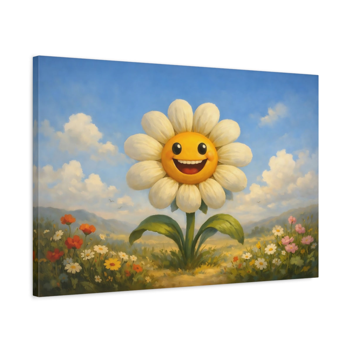 Side Mockup 2. Nature Smiling Flower Yellow White Flower shown as stretched canvas wall art