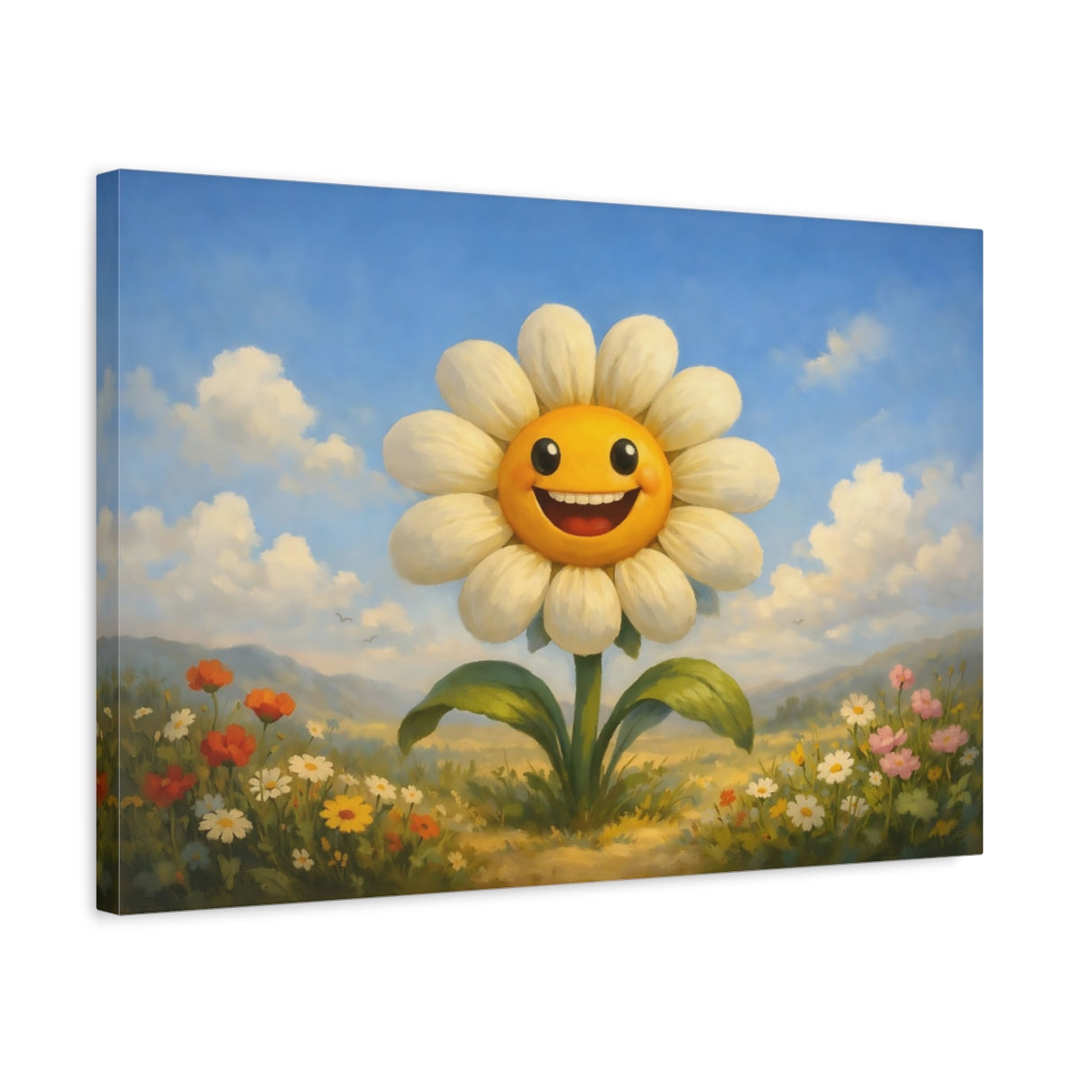 Side Mockup 3. Nature Smiling Flower Yellow White Flower shown as stretched canvas wall art
