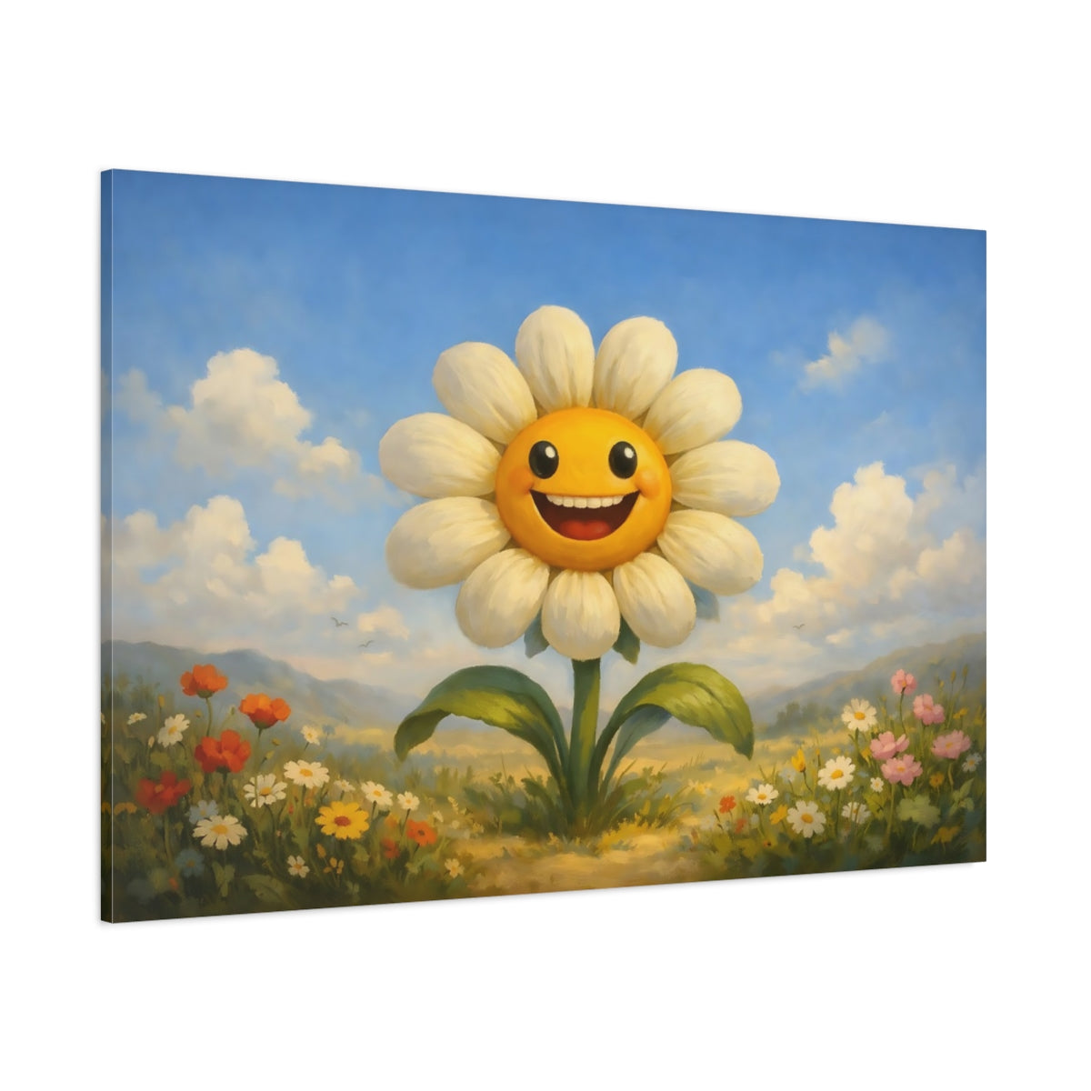Main Mockup. Nature Smiling Flower Yellow White Flower shown as stretched canvas wall art