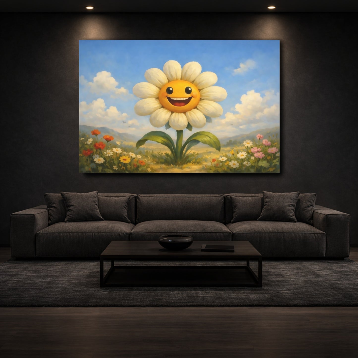 Mockup 2. Nature Smiling Flower Yellow White Flower shown as stretched canvas wall art