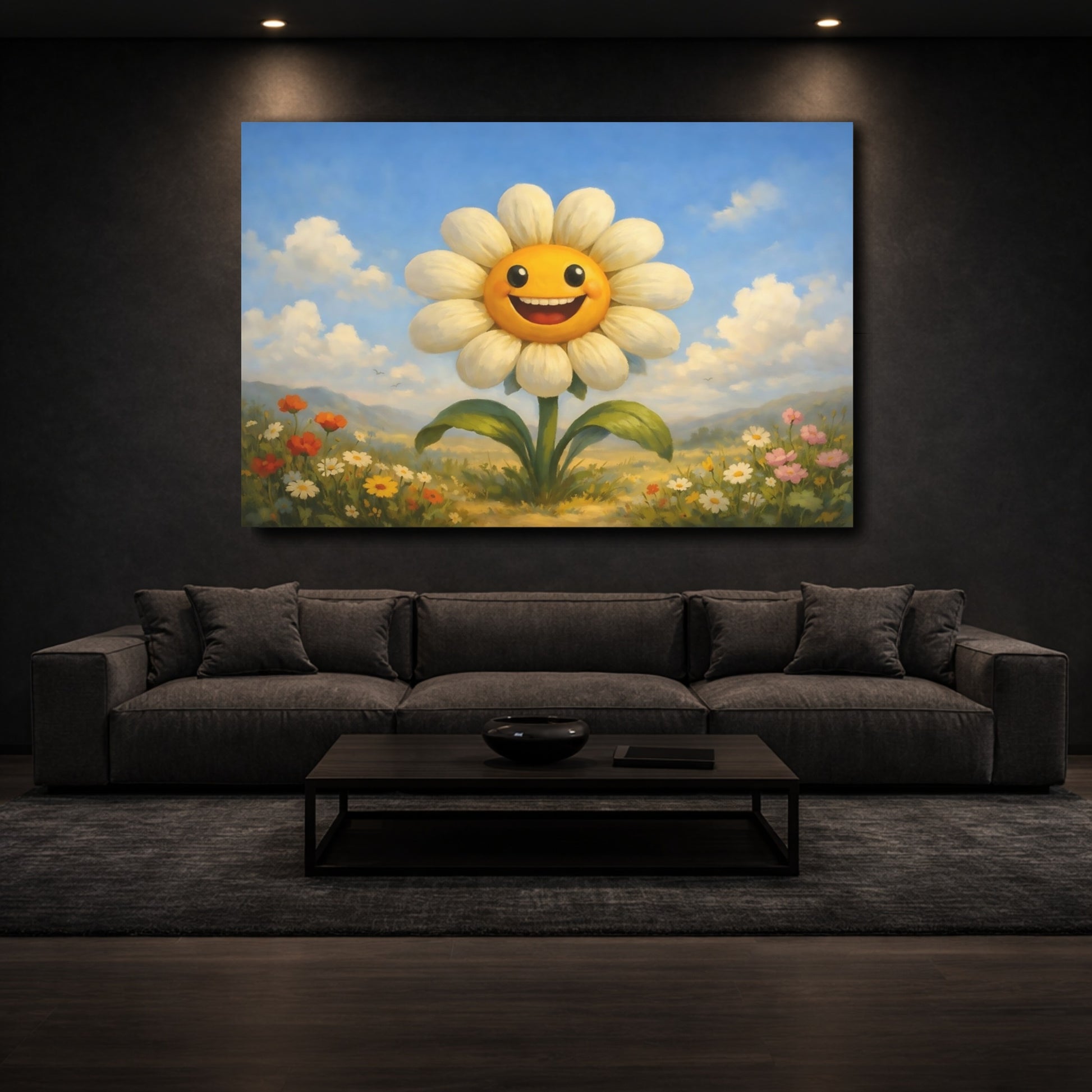 Mockup 2. Nature Smiling Flower Yellow White Flower shown as stretched canvas wall art