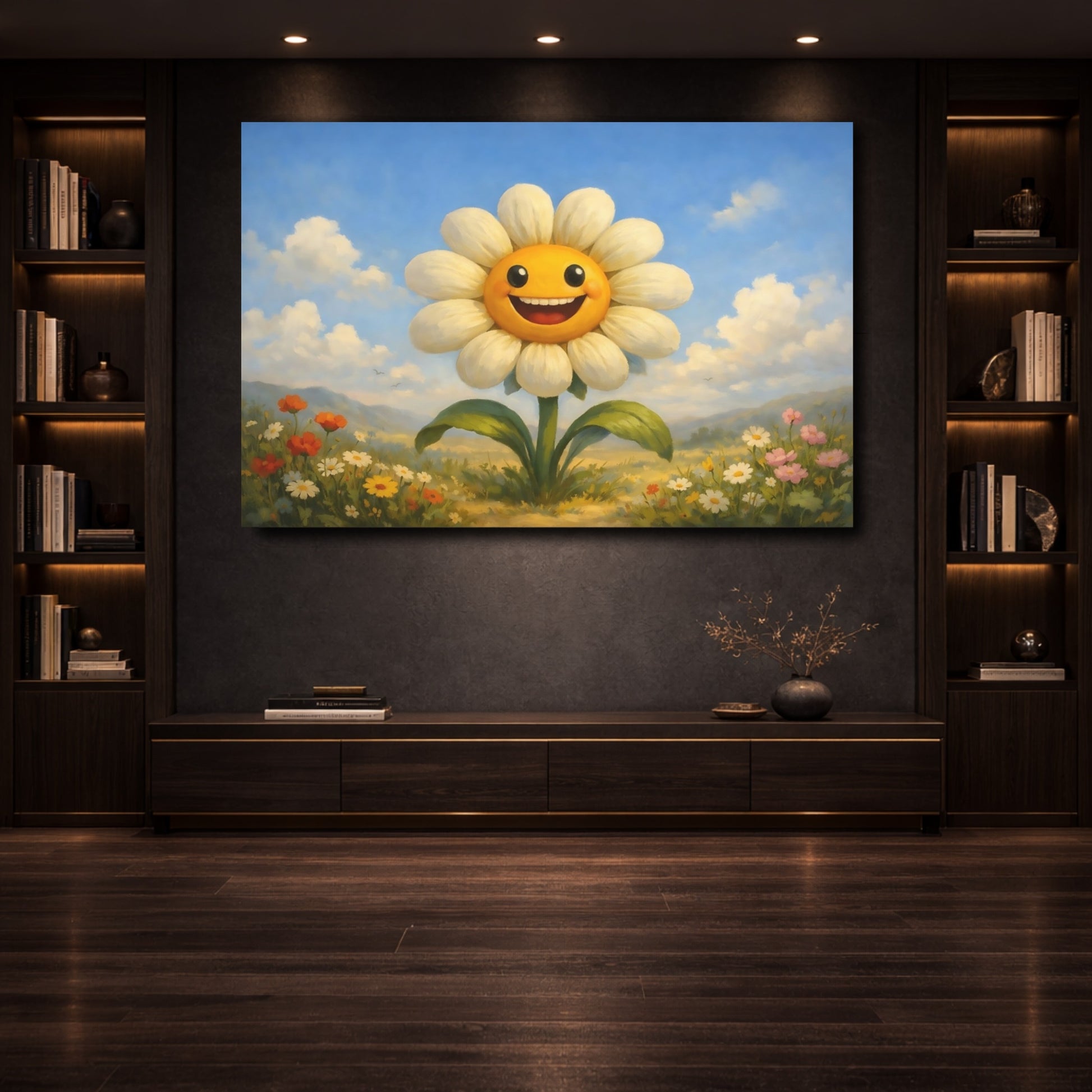 Mockup 3. Nature Smiling Flower Yellow White Flower shown as stretched canvas wall art